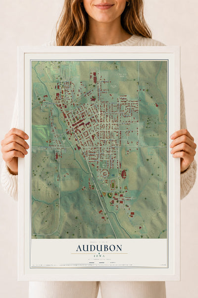 Map of Audubon, Iowa, 18 x 24 inch print in a white wood frame