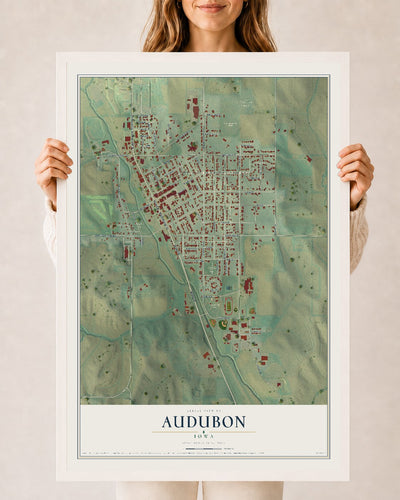 Map of Audubon, Iowa, 24 x 36 inch print in a white wood frame