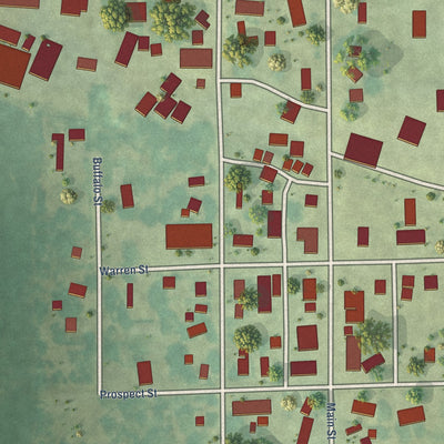Close-up of the map of Aurora, Iowa print showing street and building detail
