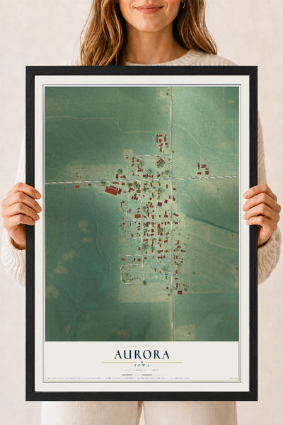 Map of Aurora, Iowa, 18 x 24 inch print in a black wood frame