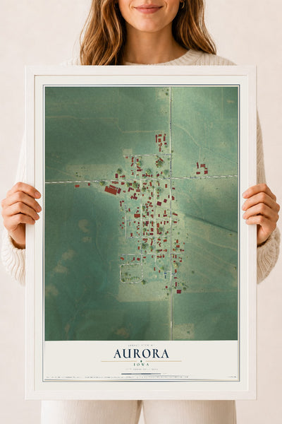 Map of Aurora, Iowa, 18 x 24 inch print in a white wood frame