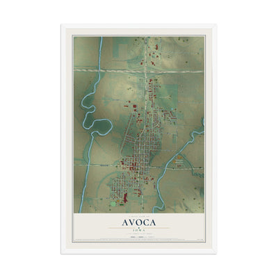 Map of Avoca, Iowa, 12 x 18 inch print in a white wood frame