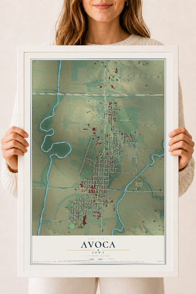 Map of Avoca, Iowa, 18 x 24 inch print in a white wood frame