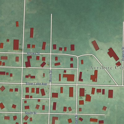 Close-up of the map of Ayrshire, Iowa print showing street and building detail