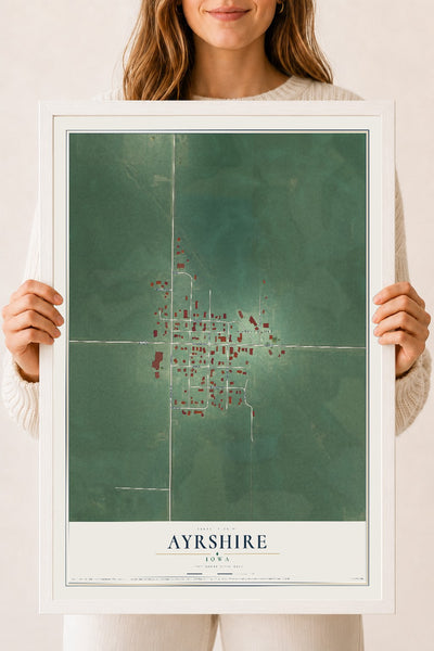 Map of Ayrshire, Iowa, 18 x 24 inch print in a white wood frame