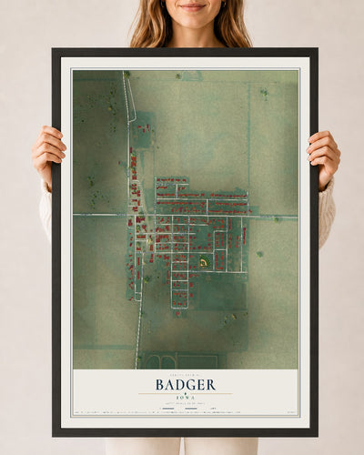 Map of Badger, Iowa, 24 x 36 inch print in a black wood frame