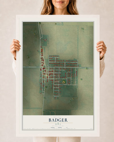 Map of Badger, Iowa, 24 x 36 inch print in a white wood frame
