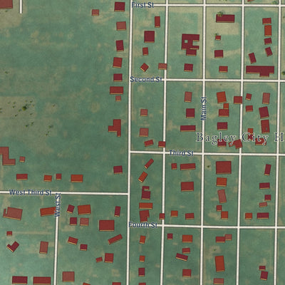 Close-up of the map of Bagley, Iowa print showing street and building detail