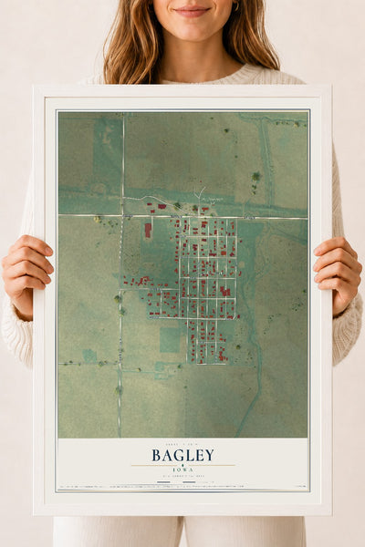 Map of Bagley, Iowa, 18 x 24 inch print in a white wood frame