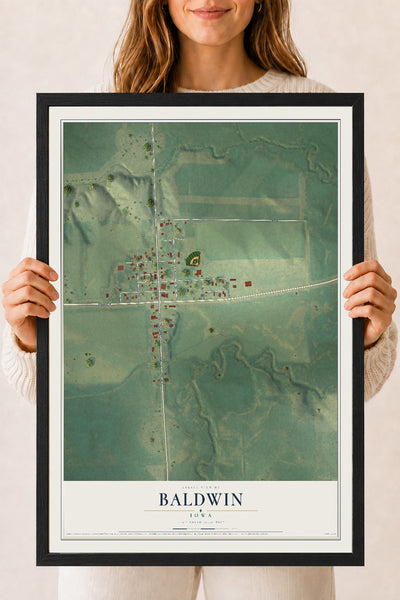 Map of Baldwin, Iowa, 18 x 24 inch print in a black wood frame