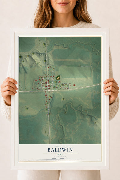 Map of Baldwin, Iowa, 18 x 24 inch print in a white wood frame