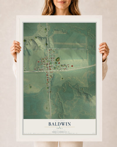 Map of Baldwin, Iowa, 24 x 36 inch print in a white wood frame