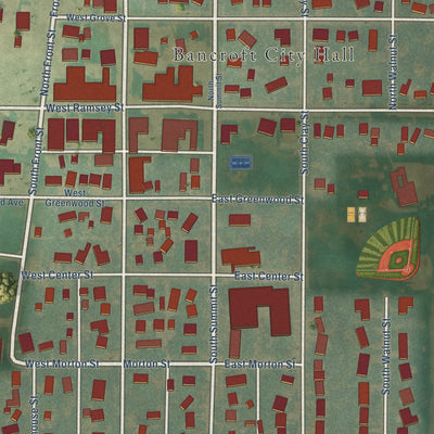 Close-up of the map of Bancroft, Iowa print showing street and building detail