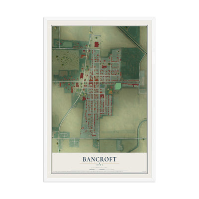 Map of Bancroft, Iowa, 12 x 18 inch print in a white wood frame