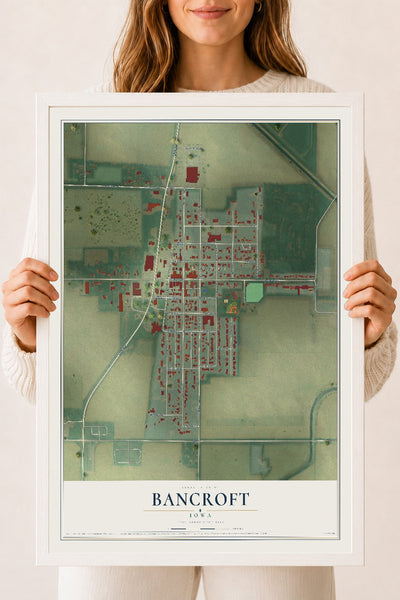 Map of Bancroft, Iowa, 18 x 24 inch print in a white wood frame