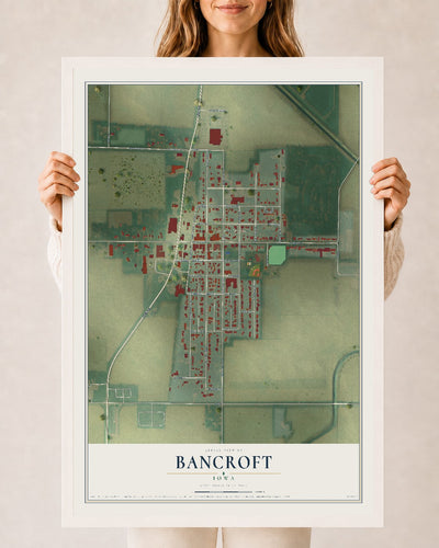 Map of Bancroft, Iowa, 24 x 36 inch print in a white wood frame