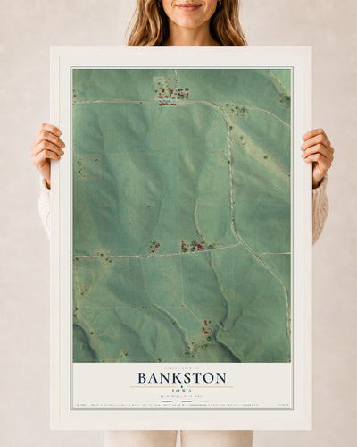 Map of Bankston, Iowa, 24 x 36 inch print in a white wood frame