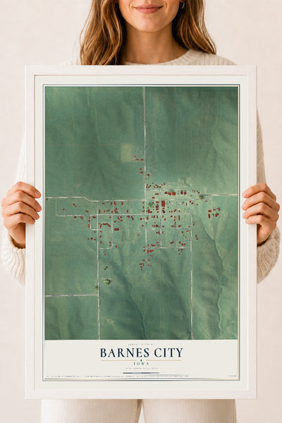 Map of Barnes City, Iowa, 18 x 24 inch print in a white wood frame