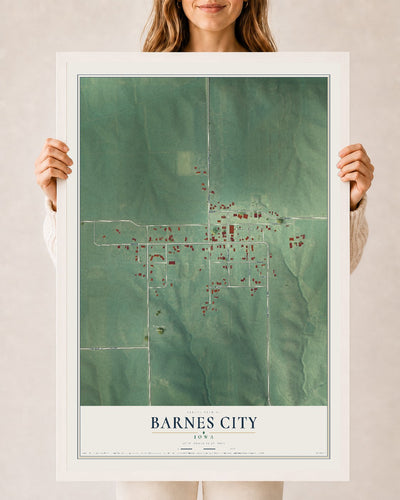 Map of Barnes City, Iowa, 24 x 36 inch print in a white wood frame