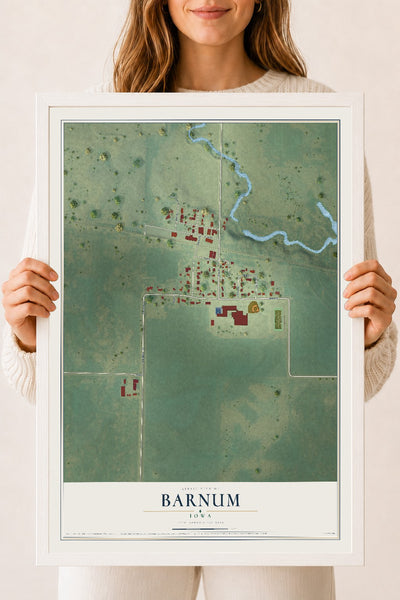 Map of Barnum, Iowa, 18 x 24 inch print in a white wood frame