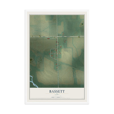 Map of Bassett, Iowa, 12 x 18 inch print in a white wood frame