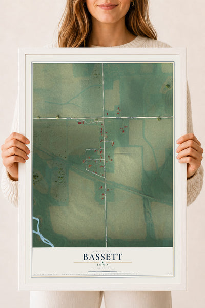 Map of Bassett, Iowa, 18 x 24 inch print in a white wood frame