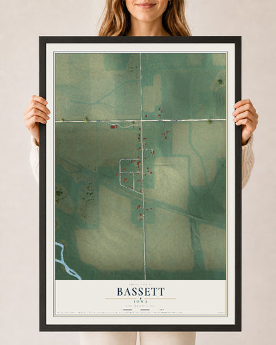 Map of Bassett, Iowa, 24 x 36 inch print in a black wood frame