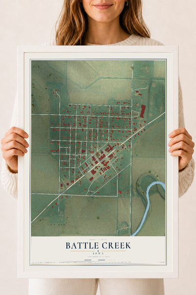 Map of Battle Creek, Iowa, 18 x 24 inch print in a white wood frame