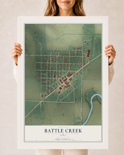 Map of Battle Creek, Iowa, 24 x 36 inch print in a white wood frame