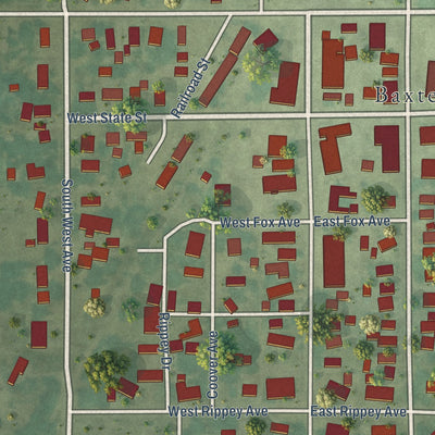 Close-up of the map of Baxter, Iowa print showing street and building detail