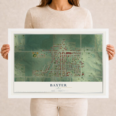 Map of Baxter, Iowa, 12 x 18 inch print in a white wood frame