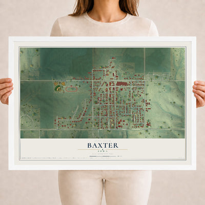 Map of Baxter, Iowa, 18 x 24 inch print in a white wood frame