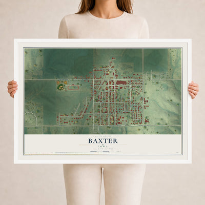 Map of Baxter, Iowa, 24 x 36 inch print in a white wood frame