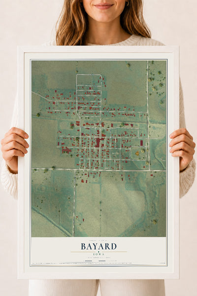 Map of Bayard, Iowa, 18 x 24 inch print in a white wood frame
