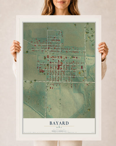 Map of Bayard, Iowa, 24 x 36 inch print in a white wood frame