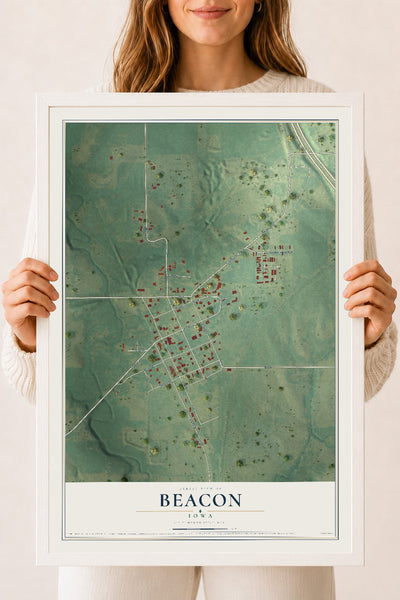 Map of Beacon, Iowa, 18 x 24 inch print in a white wood frame