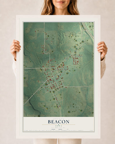Map of Beacon, Iowa, 24 x 36 inch print in a white wood frame