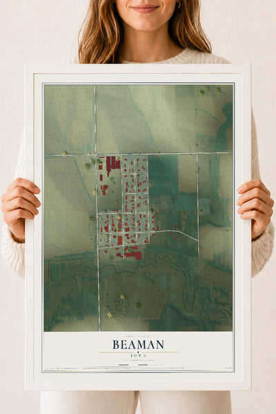 Map of Beaman, Iowa, 18 x 24 inch print in a white wood frame