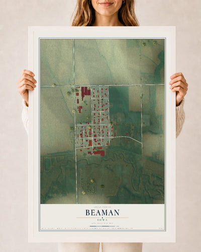 Map of Beaman, Iowa, 24 x 36 inch print in a white wood frame