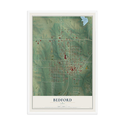 Map of Bedford, Iowa, 12 x 18 inch print in a white wood frame