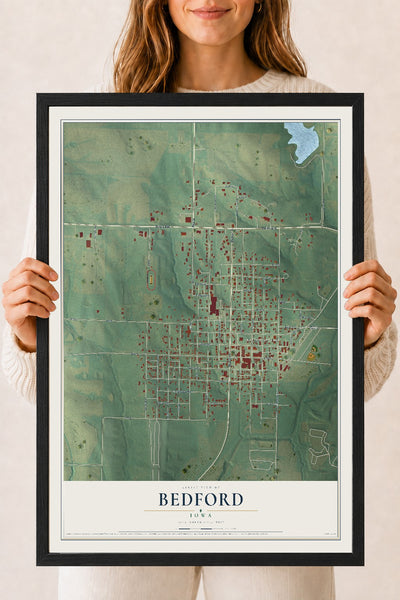 Map of Bedford, Iowa, 18 x 24 inch print in a black wood frame