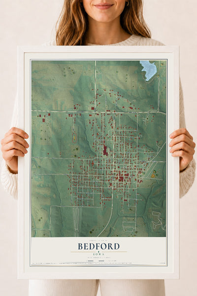 Map of Bedford, Iowa, 18 x 24 inch print in a white wood frame