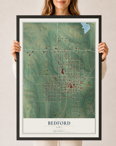 Map of Bedford, Iowa, 24 x 36 inch print in a black wood frame