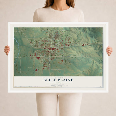 Map of Belle Plaine, Iowa, 24 x 36 inch print in a white wood frame