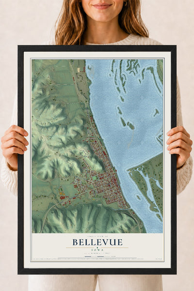 Map of Bellevue, Iowa, 18 x 24 inch print in a black wood frame