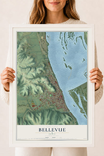 Map of Bellevue, Iowa, 18 x 24 inch print in a white wood frame