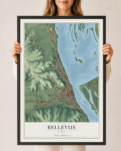 Map of Bellevue, Iowa, 24 x 36 inch print in a black wood frame