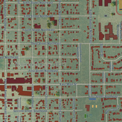 Close-up of the map of Belmond, Iowa print showing street and building detail
