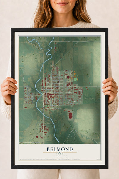 Map of Belmond, Iowa, 18 x 24 inch print in a black wood frame