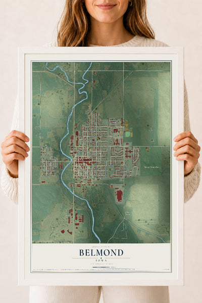 Map of Belmond, Iowa, 18 x 24 inch print in a white wood frame